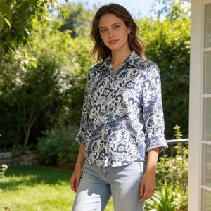 Lauren Ralph Lauren floral button down shirt quarter sleeve blue white cotton XL